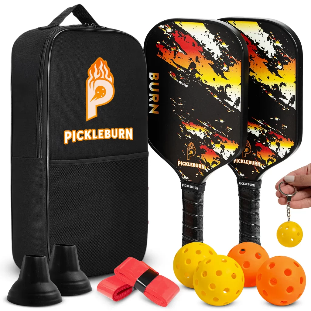 Set Pickleball para Principiantes Pikleburn Starter Pack, con 4 palas de fibra de vidrio, 4 pelotas y bolsa de transporte. El mejor kit para iniciarse.