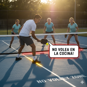 Jugadores de Pickleball en la red (La Cocina) demostrando la regla de no volea para principiantes y cómo dominar las reglas del juego.